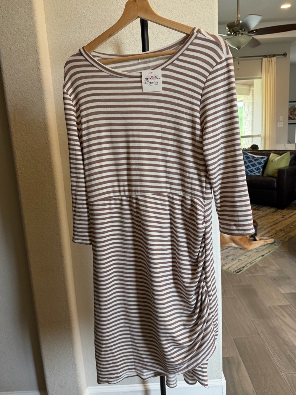 Reborn J Taupe Brown and White Striped Long Sleeve Dress L